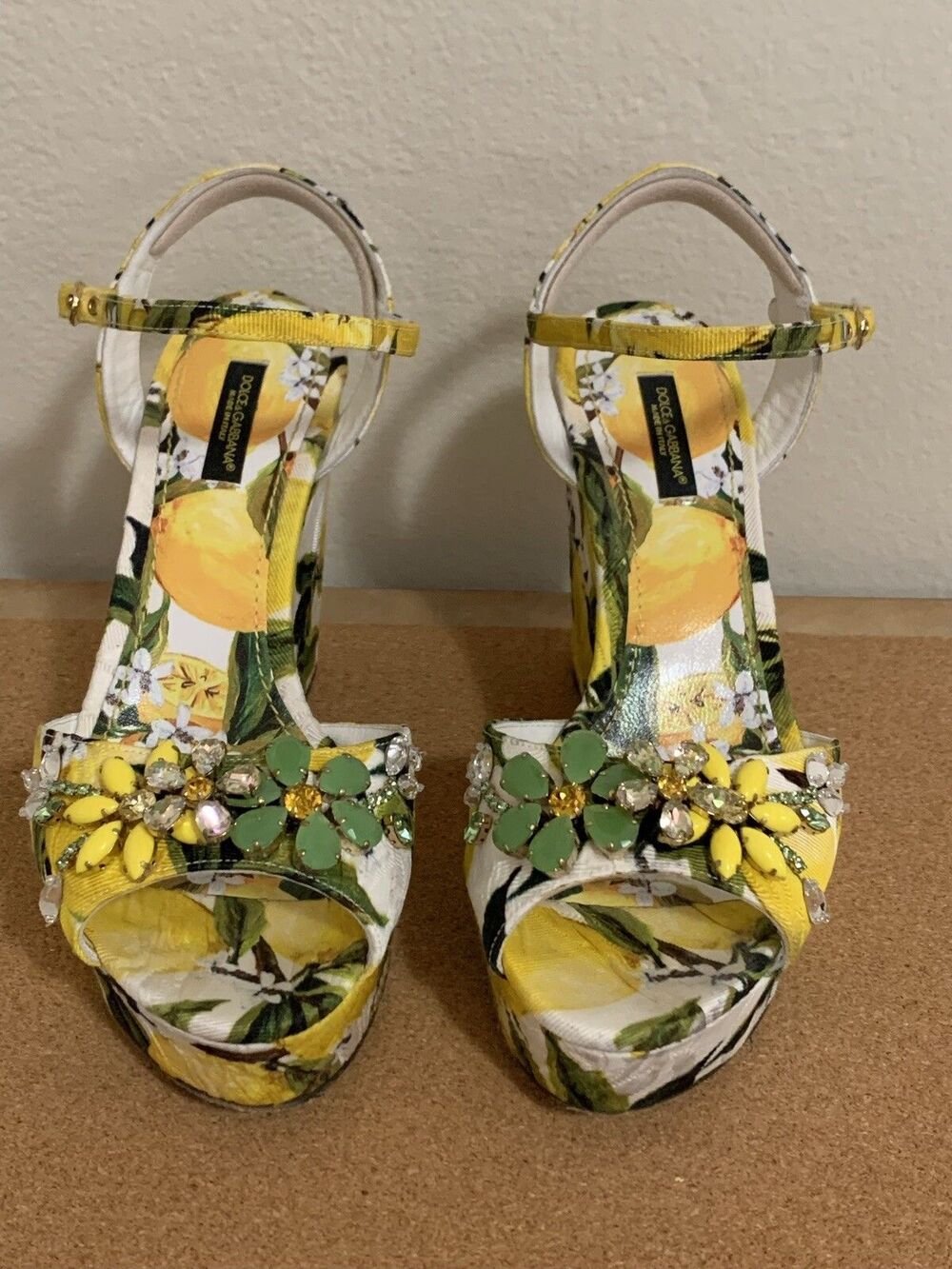 DOLCE & GABBANA SHOES LEMONS TWILL WEDGE SANDALS JEWELED SIZE 38